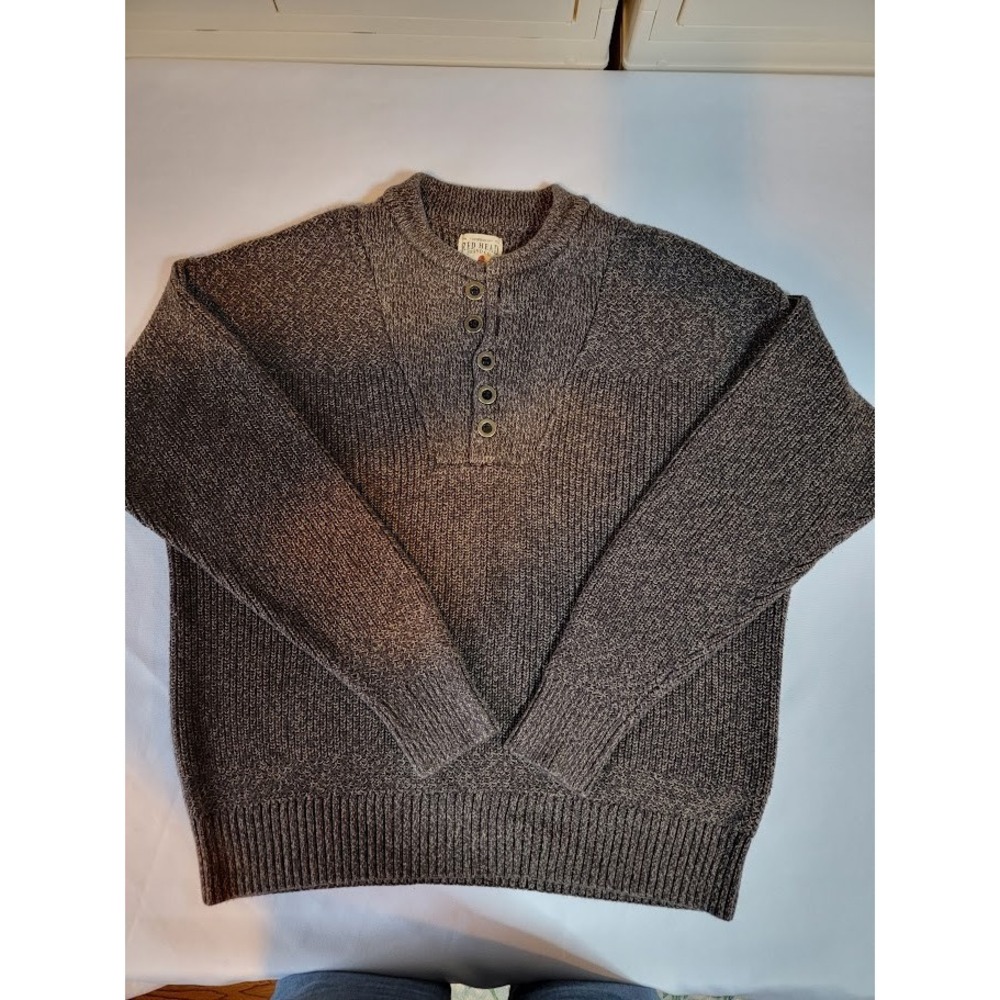 Men's Brown Red Head 1/4 Button Pullover Cotton Sweater - Size Large